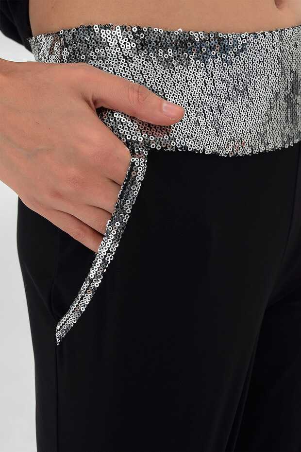 Kadın Siyah Bel Ve Cepte Pul Payet Detay Pantolon 19L6671 - 2