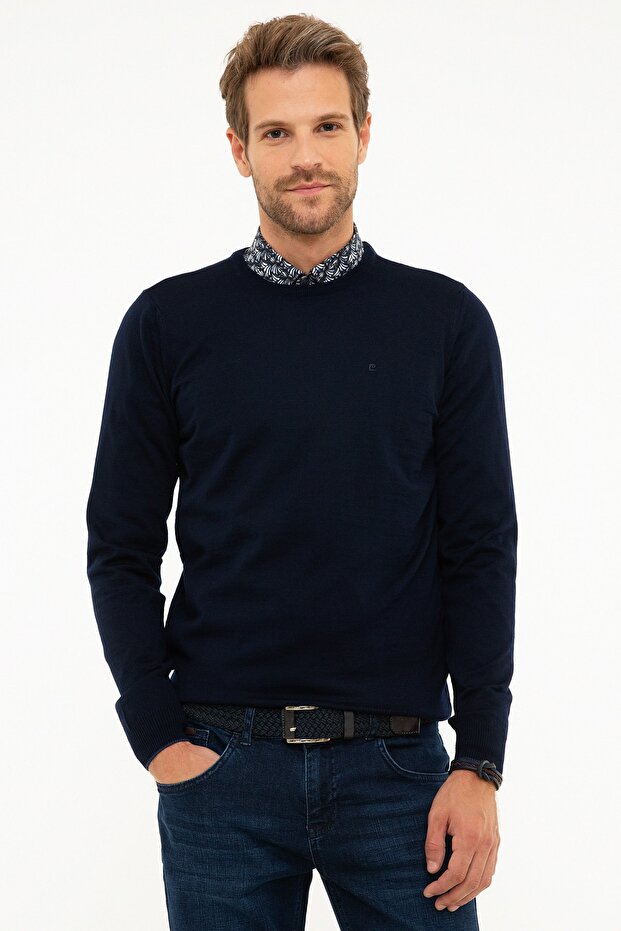 Men's Navy Blue Slim Fit Basic Knitwear Sweater