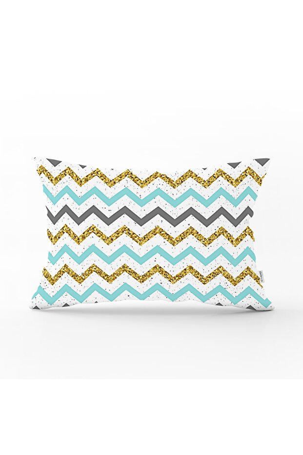 غطاء وسادة مستطيل الشكل بتصميم متعرج باللون الأزرق والرمادي والذهبي - 1