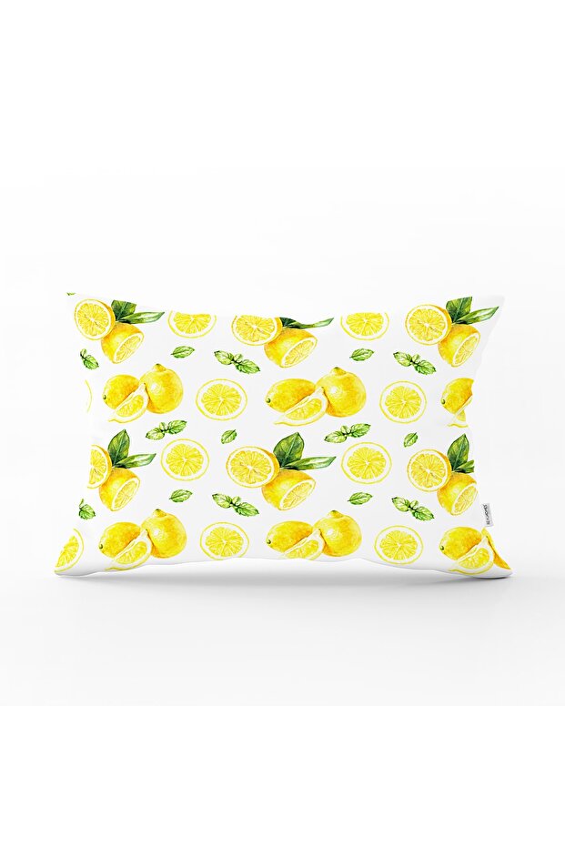 غطاء وسادة مستطيل مطبوع رقميًا بنمط الليمون على أرضية بيضاء - 1