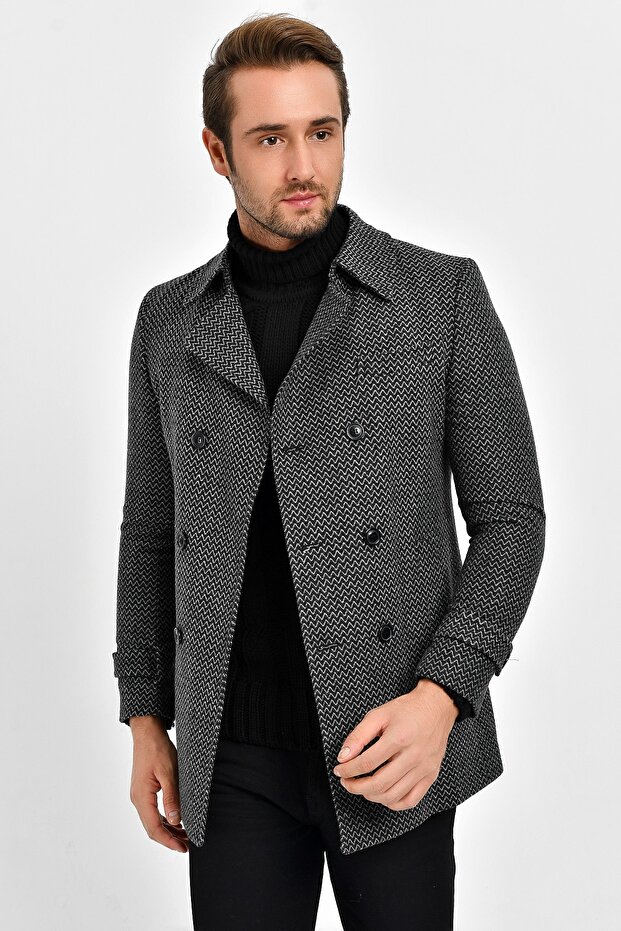 Men's Gray Wool Blended Patterned Stamp Double Breasted Buttoned - 1