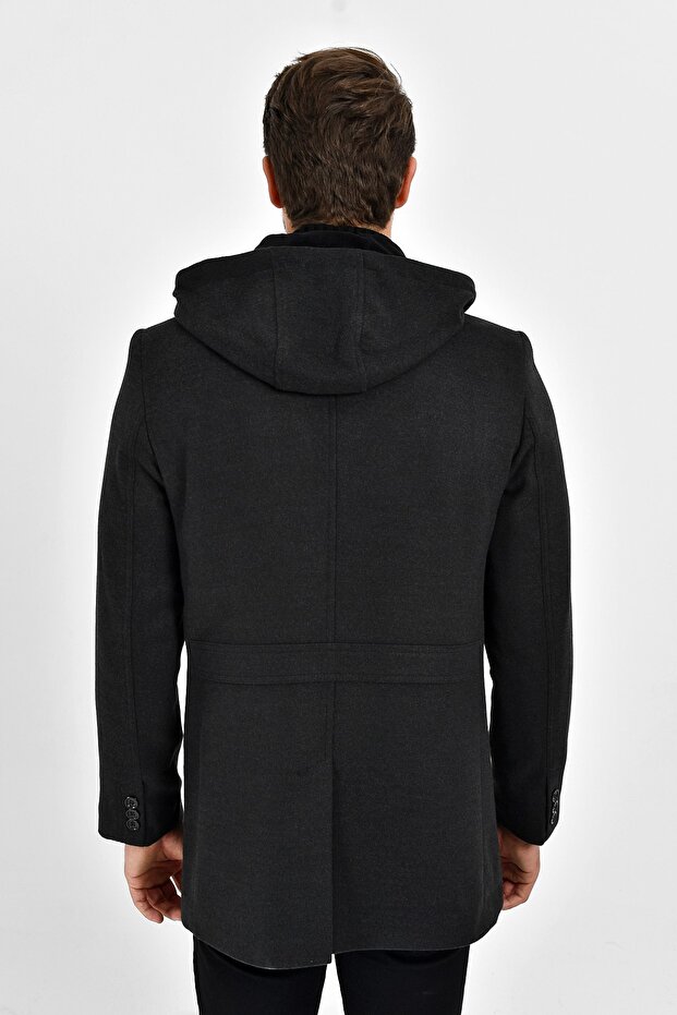 Men's Smoked Wool Blended Cashmere Hooded Zippered Front and Buttoned Coat - 5