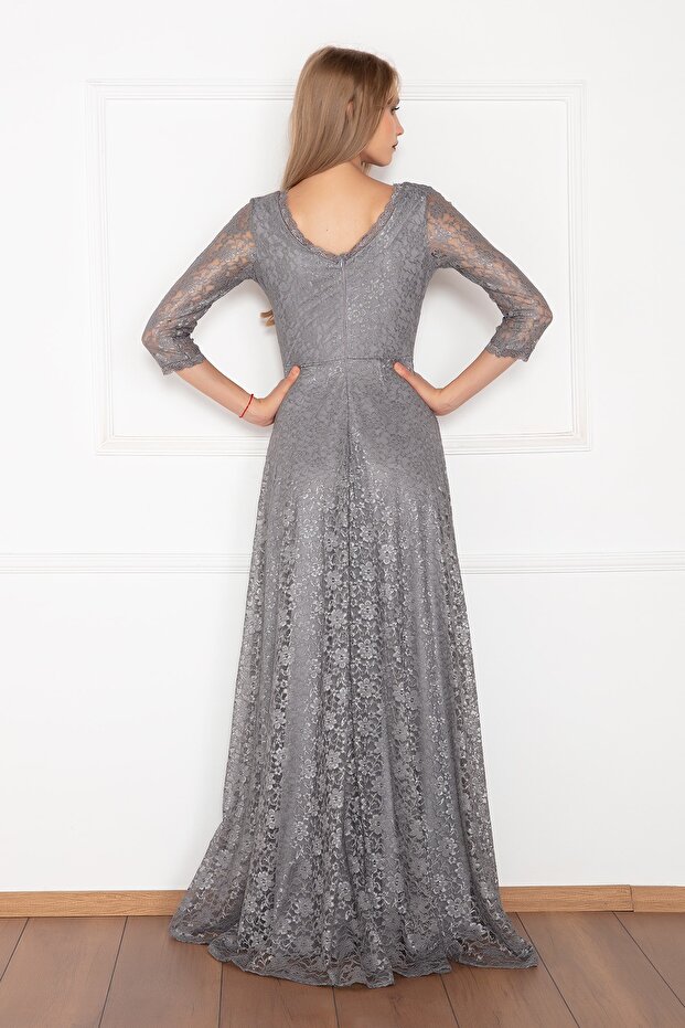 3810-2 Kristy V Yaka Dantel Elbise - 4