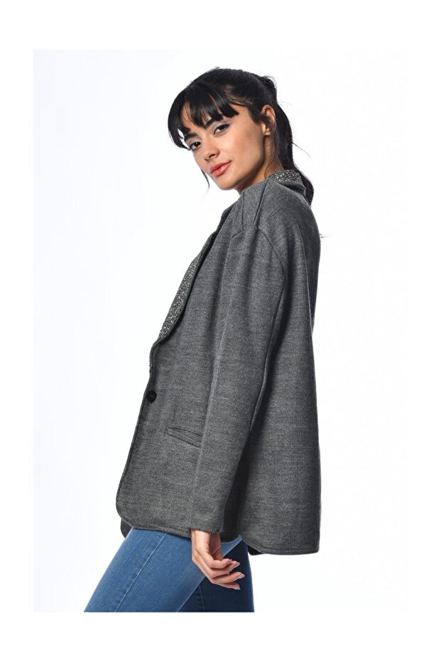 Yakası Pullu Ceket - Antrasit - 3