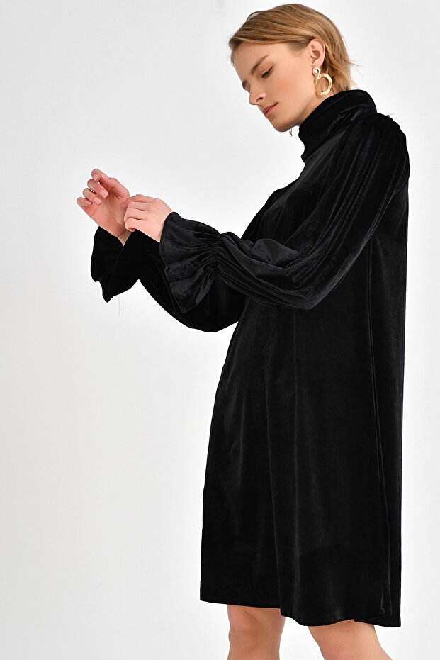 Sleeve Detailed Velvet Dress Black EBT2734