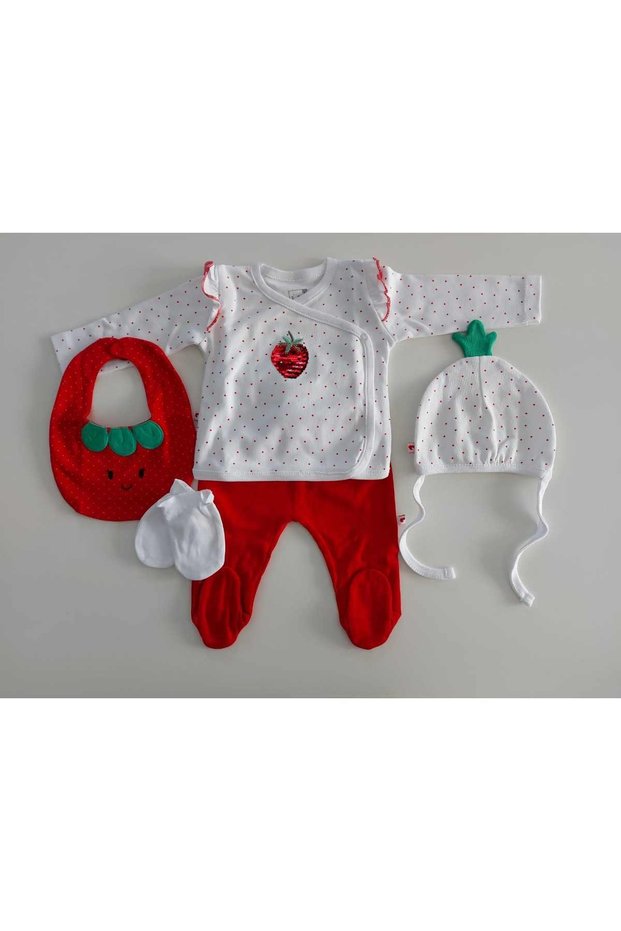 Baby Girl Red Strawberry Printed Hospital Discharge Set 5 Pieces