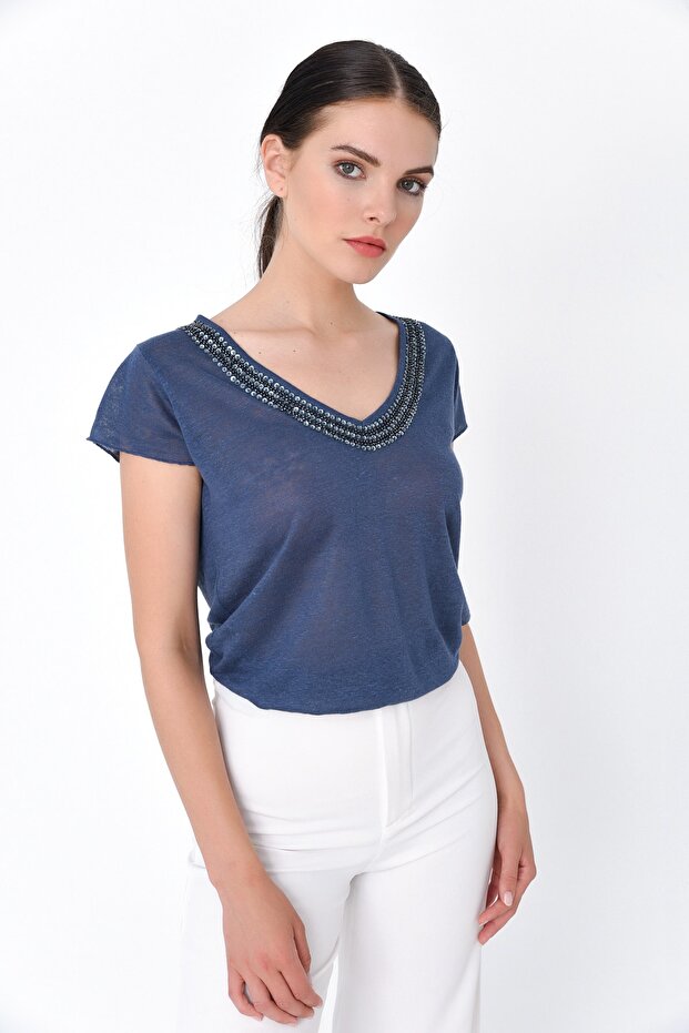 Kadın Lacivert Boncuk Işlemeli Basic Tshirt - 2