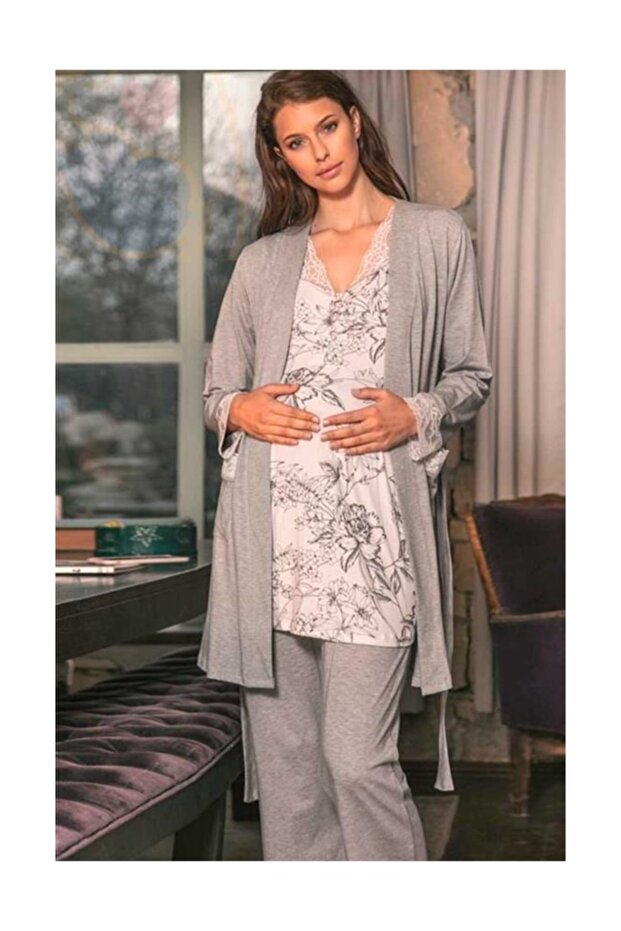5543 Gray Lace Detailed Pregnant Postpartum 3-Piece Pajama Dressing Gown Set
