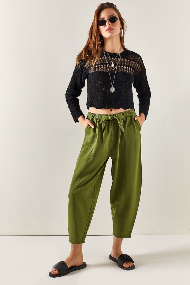 Women's Khaki Pocketed Stitching Detailed Linen Shalwar Trousers PNT-19000234