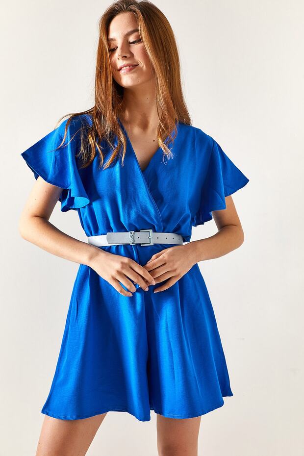 Women's Cobalt Blue Double-breasted Collar Elastic Waist Shorts Jumpsuit TLM-19000146