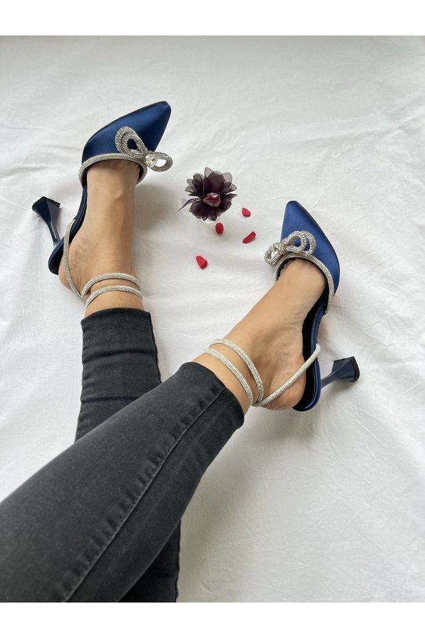 Navy Blue Color Satin Ankle Tie Bow with Stones