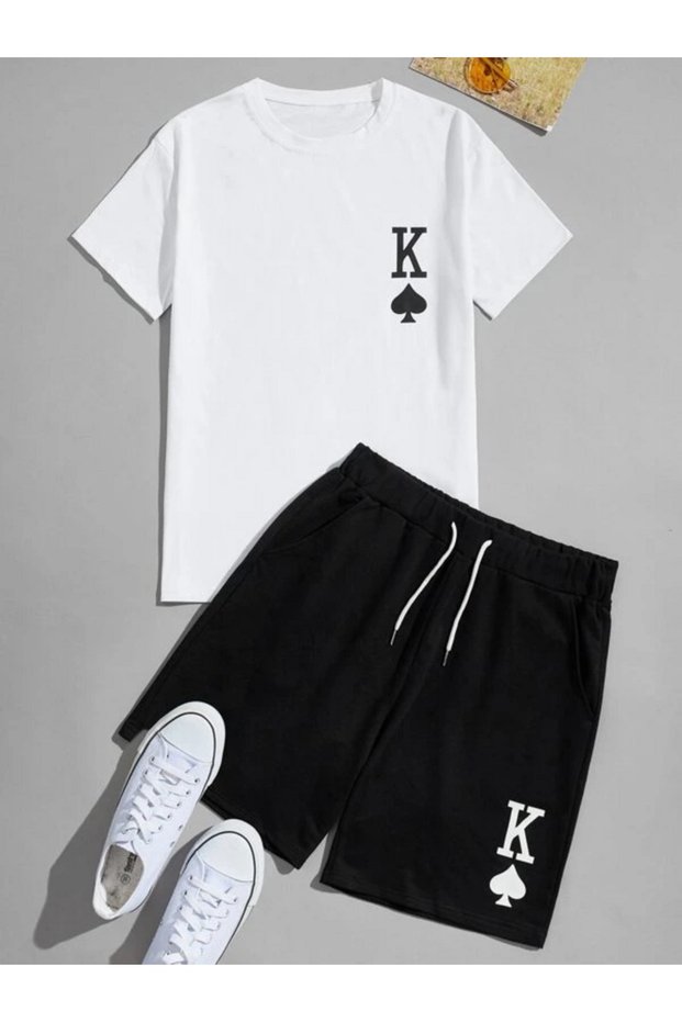 K Printed Black Shorts Set