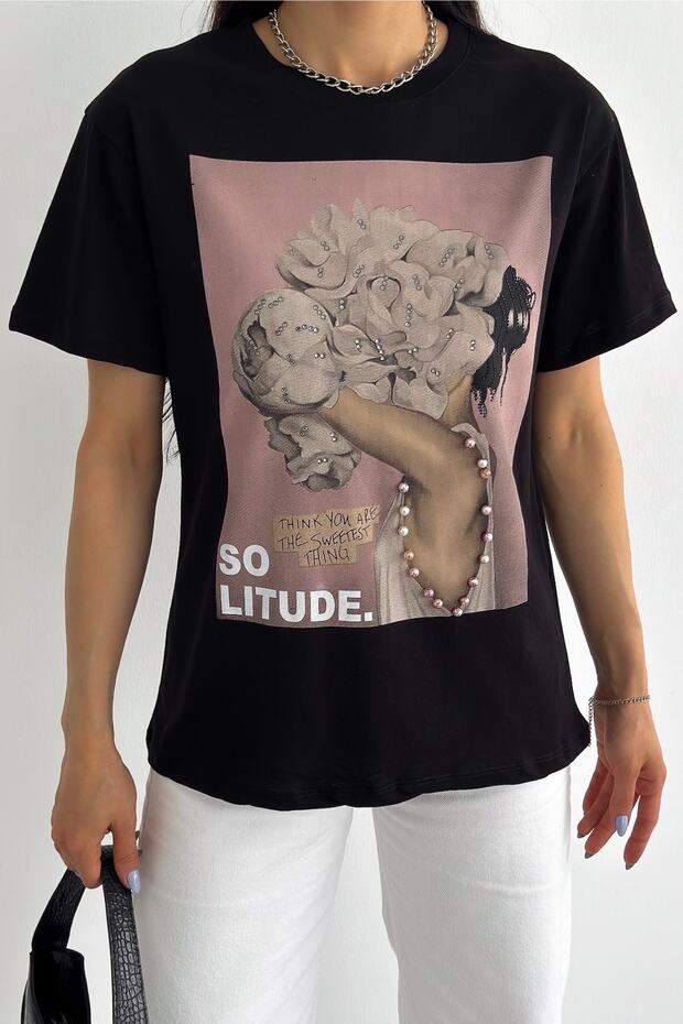 Women's Black New Season Printed Pearl Bead Embroidered Cotton T-Shirt