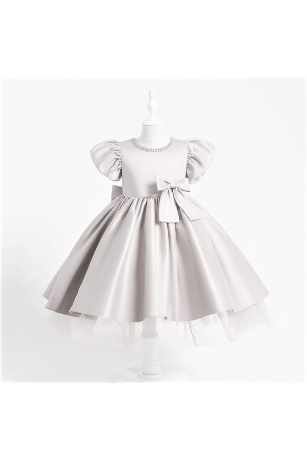Girls' Front and Back Bow Detail Pearl-Embellished Collar Ball, Party, Graduation, Birthday Dress