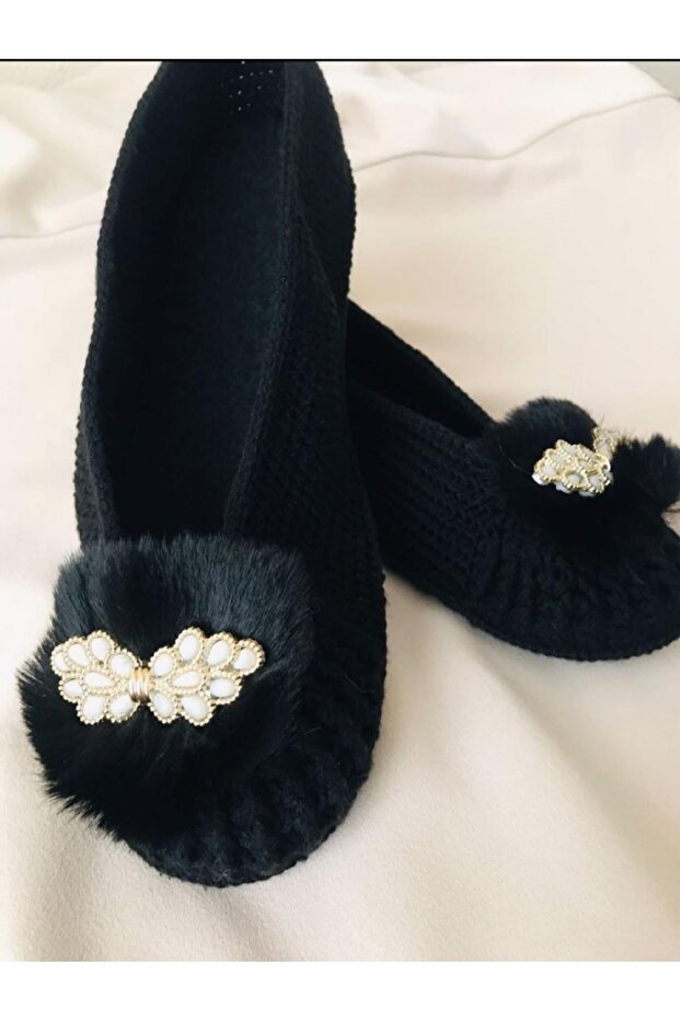 Hand Knitted Booties with Felt Soles and Decorative Stone Detail