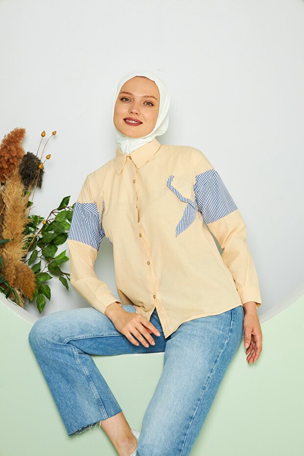 STRIPED MODEL WOMEN'S SHIRT WITH POCKET DETAIL