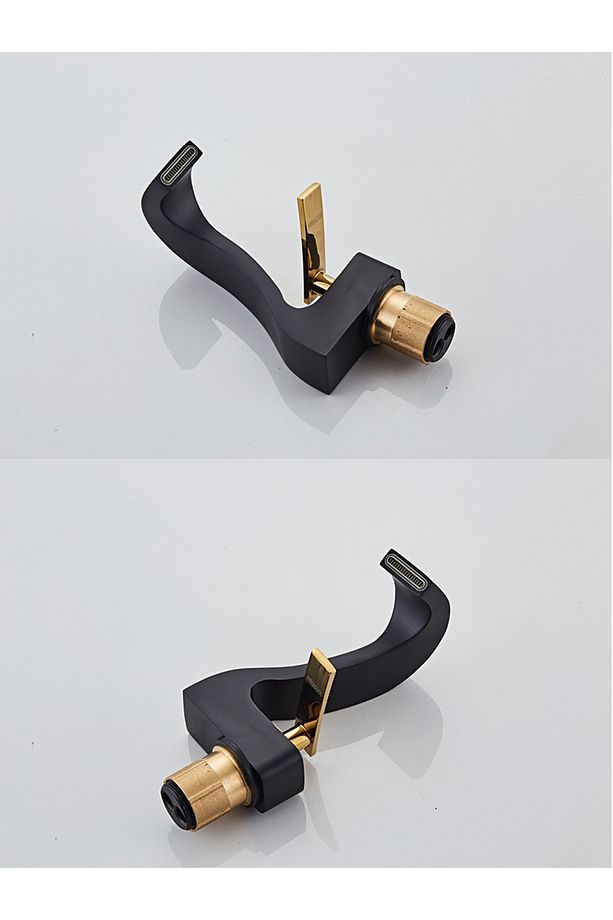 Siyah Gold Güverte Monte Tek Delik Şelale Havza Banyo Lavabo Musluğu Sıcak ve Soğuk - 4