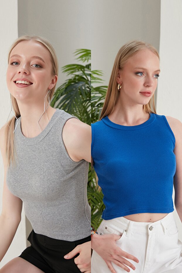 Women's Cobalt Blue Gray Halter Neck 2-Piece Crop Blouse