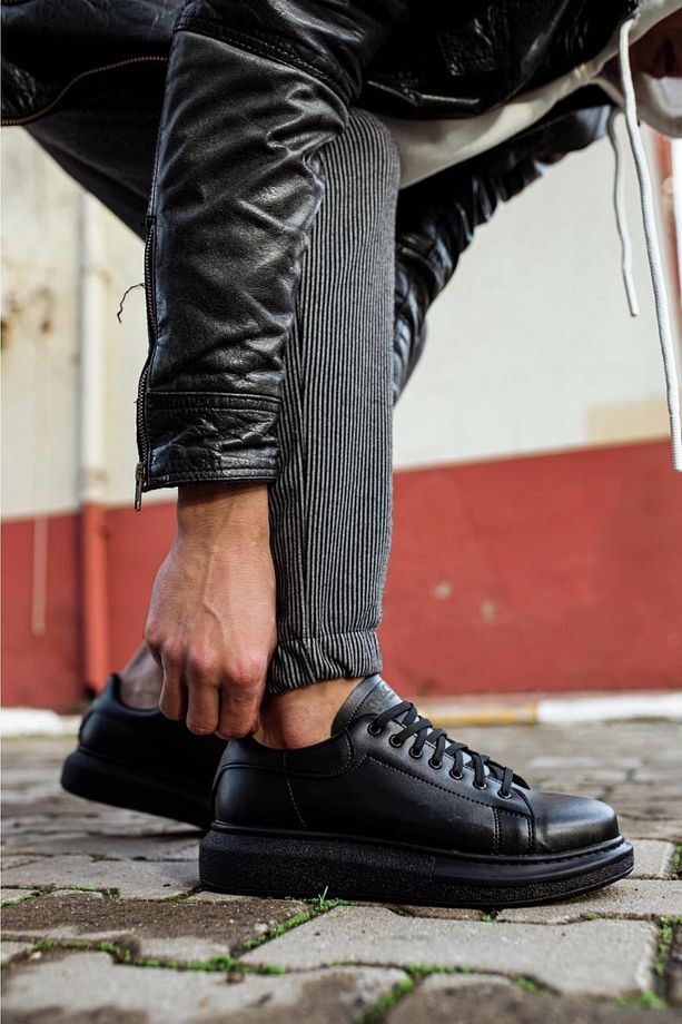 P044 Bağcıklı Yüksek/kalın Ortopedik Taban Erkek Sneaker Spor Ayakkabı St Siyah - 4
