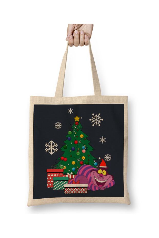 Cheshire Cat Around The Christmas Tree Wonderland Tote Bag Long Handle