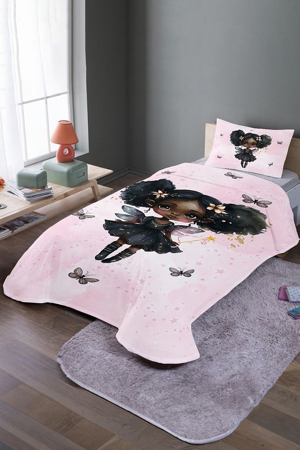 Pembe Çikolata Kız Desenli Tek Kişilik Pike Takımı Ve Yatak Örtüsü - 1
