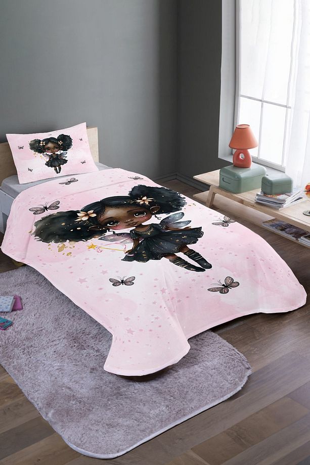 Pembe Çikolata Kız Desenli Tek Kişilik Pike Takımı Ve Yatak Örtüsü - 2