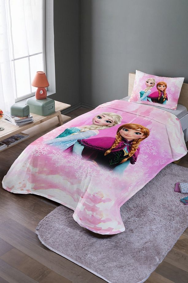 Pembe Karlı Kale Anna Elsa Desenli Tek Kişilik Pike Takımı ve Yatak Örtüsü - 1