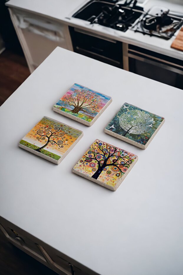 Colorful Tree of Life Printed Natural Stone Travertine Coasters Set of 4