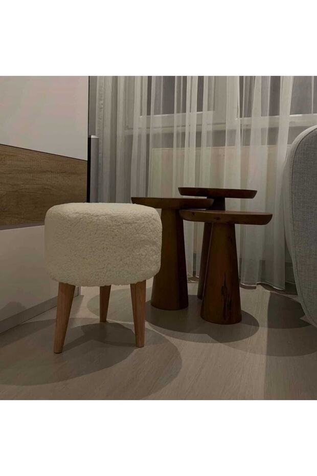 Peluş Puf Ahşap Ayak-beyaz - 1