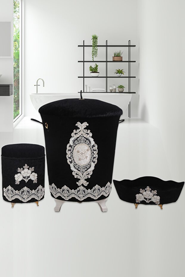 Lisa Black 3-Piece Velvet Dowel Ruched Bathroom Dirty Laundry Basket Set| Bathroom Set