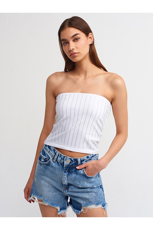 20670 Stone Printed Strapless Top-White