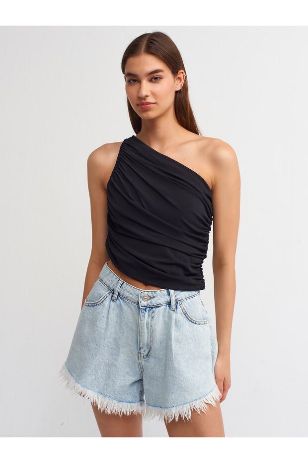 30229 Asimetrik Drapeli Top-Siyah - 1