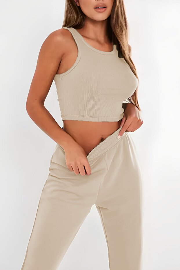 Kadın Esnek Fitilli Halter Yaka Örme Crop Atlet