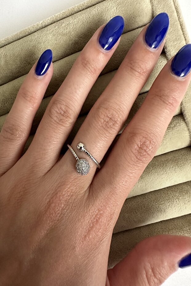 Silver Color Ball Detailed Zircon Stone Top Adjustable Women's Ring