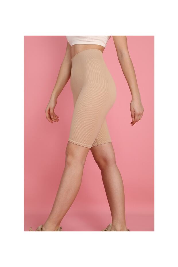 Women's Beige Smoothing Seamless Ribbed Biker Shorts Tights