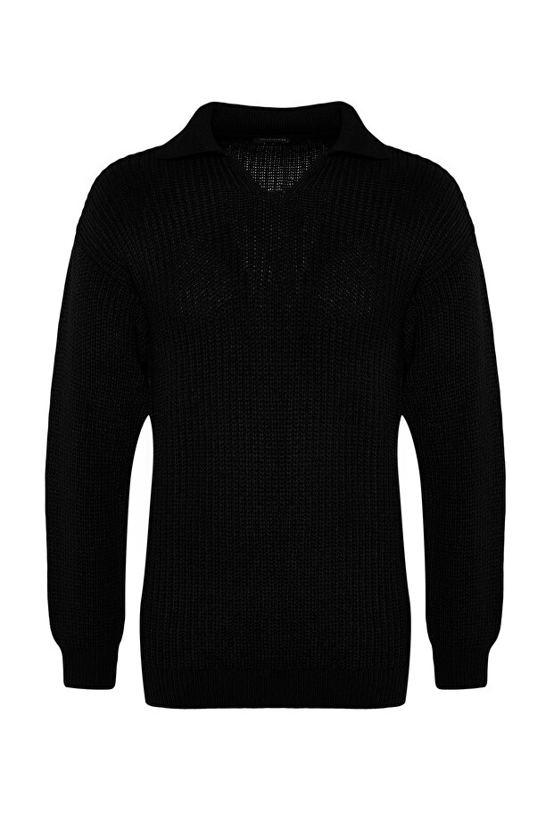 Siyah Casual Unisex Regular Fit Polo Yaka Tüylenmeyen Triko Kazak TMNAW24KZ00008 - 7