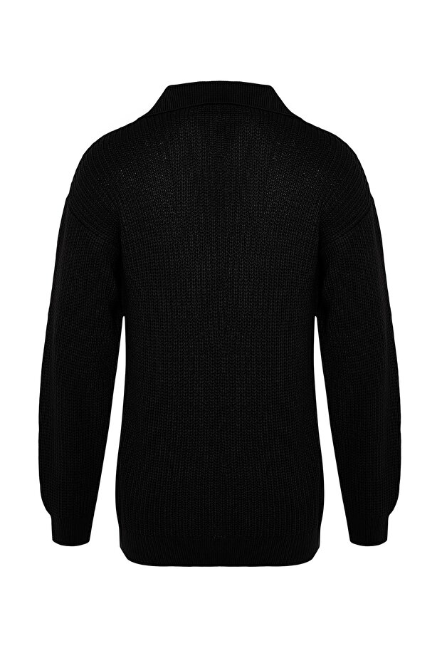 Siyah Casual Unisex Regular Fit Polo Yaka Tüylenmeyen Triko Kazak TMNAW24KZ00008 - 8