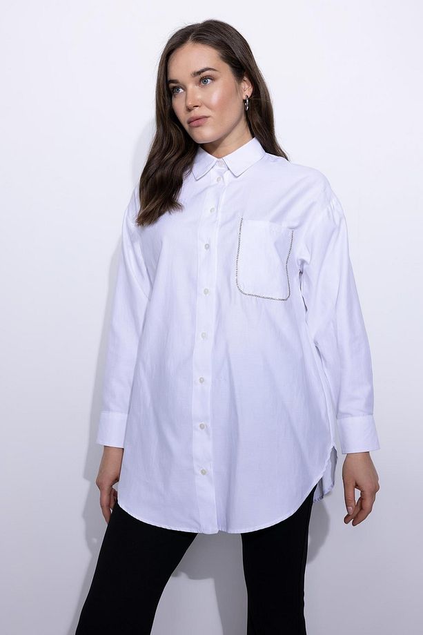 Regular Fit Gömlek Yaka Poplin Uzun Kollu Tunik - 1