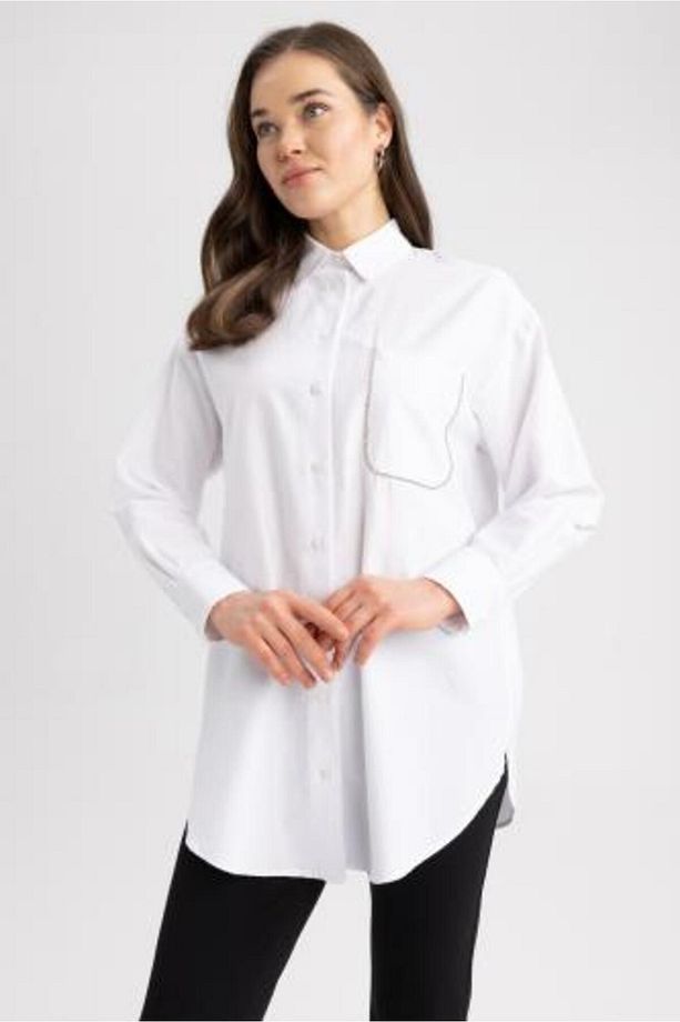 Regular Fit Gömlek Yaka Poplin Uzun Kollu Tunik - 6