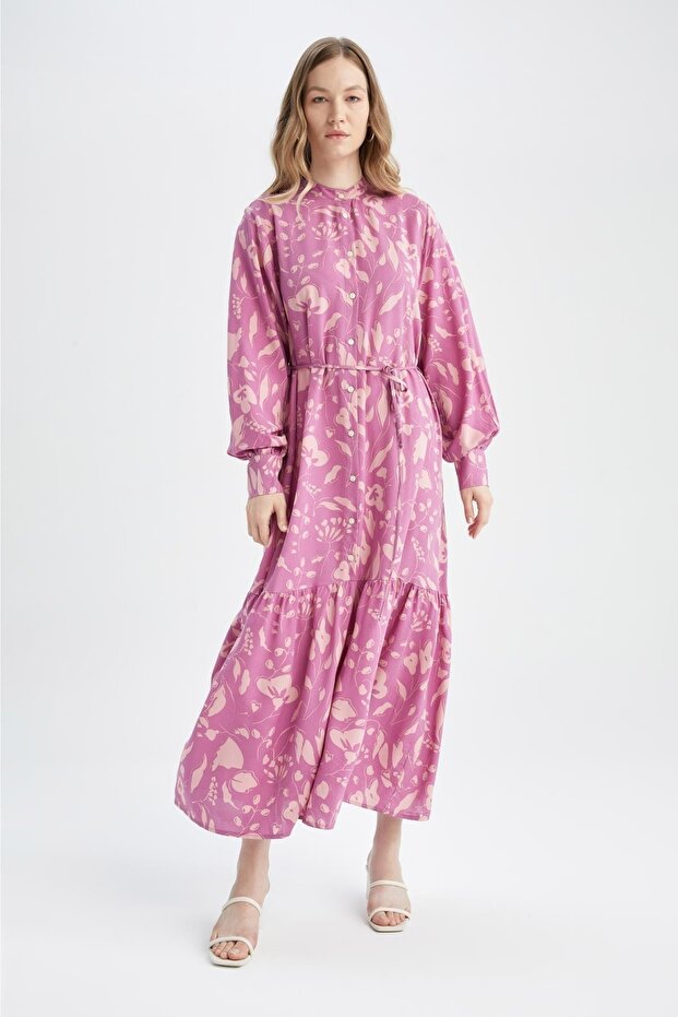 Květinové Maxi šaty s dlouhým rukávem Regular Fit s výstřihem a výstřihem - 5