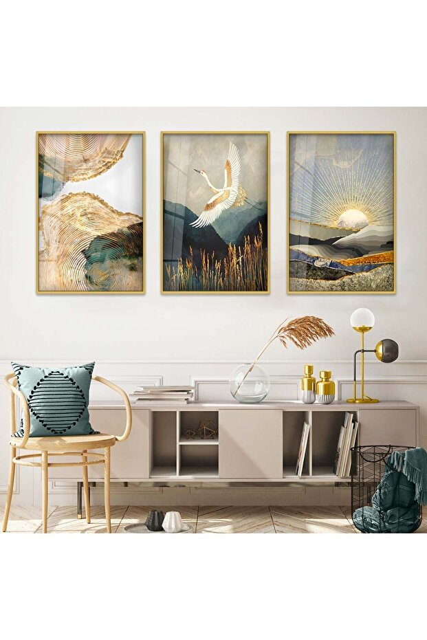 Gold Metal Framed Collage Drawing Triple Unbreakable Glass Painting Set