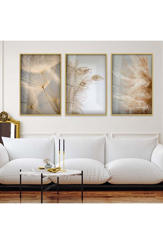 Gold Metal Framed Dried Flower Triple Unbreakable Glass Table Set