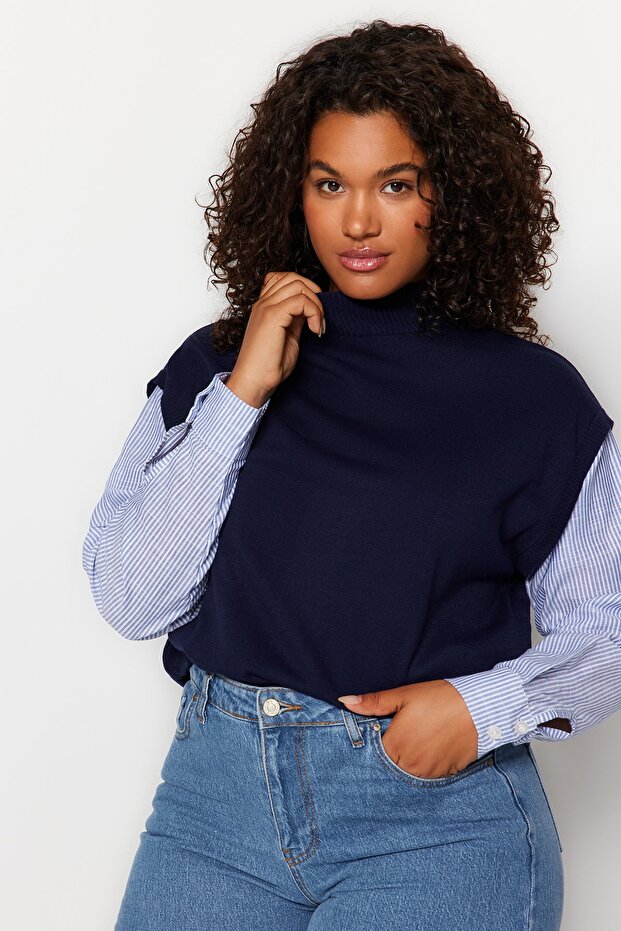 Granatowy, pasiasty, mieszany sweter z dzianiny - Tbbaw24An00017 - 4