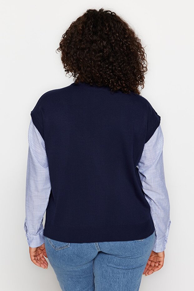 Granatowy, pasiasty, mieszany sweter z dzianiny - Tbbaw24An00017 - 5