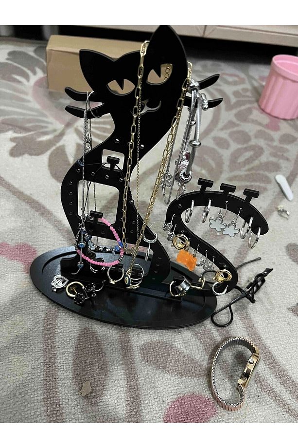 Takı Standı Kedi Figürlü Takı Küpe Standı Ahşap Takı Kutusu - 4