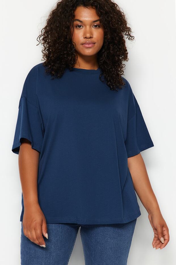 Lacivert Yaka Ribanalı Geniş Kalıp %100 Pamuk Basic Örme T-shirt TBBSS23BF00017 - 4