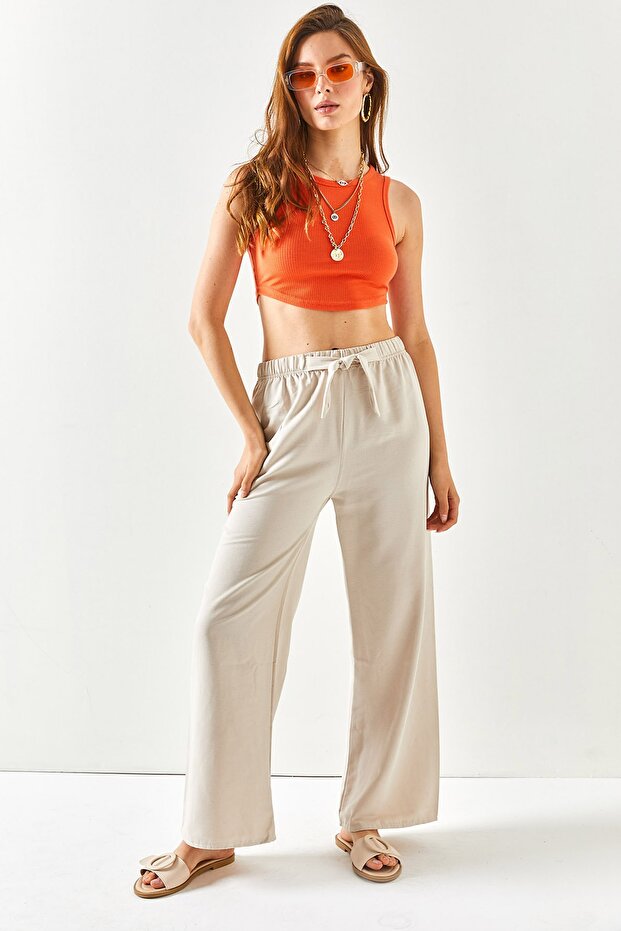 Women's Stone Waist Elasticated Laced Palazzo Linen Trousers PNT-19000219