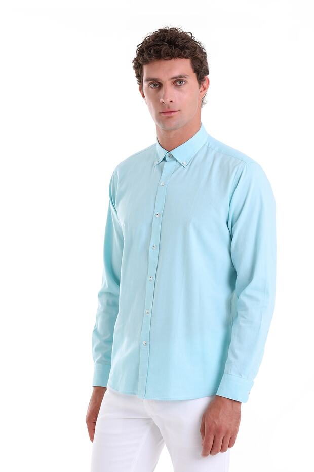 Green Comfort Fit Straight 100% Cotton Buttoned Collar Long Sleeve Casual Oxford Shirt