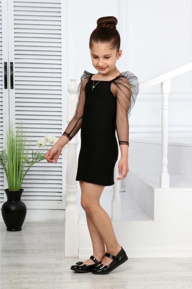 Girl's Black Dress with Long Tulle Sleeves