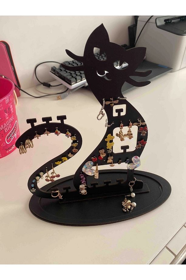 Takı Standı Kedi Figürlü Takı Küpe Standı Ahşap Takı Kutusu - 3